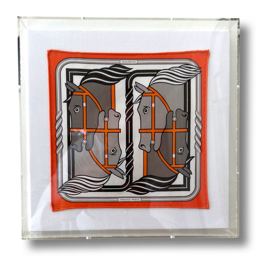Framed Hermes Scarf Quadrige II Orange Acrylic Shadow Box Framed Vintage Silk Scarf 10" Vintage Hermes at Vintage Luxe Up