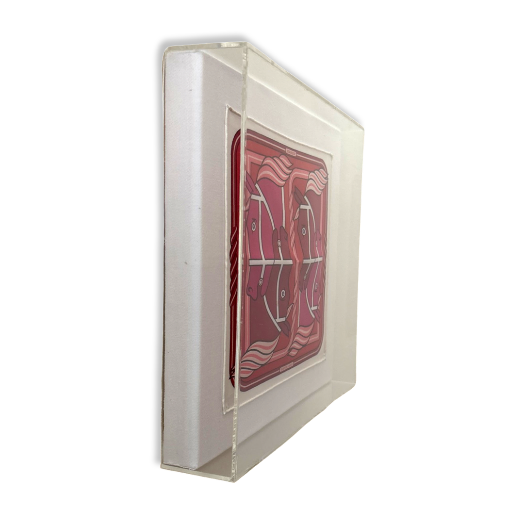 Quadrige II Red Acrylic Shadow Box Framed Vintage Silk Scarf 10"