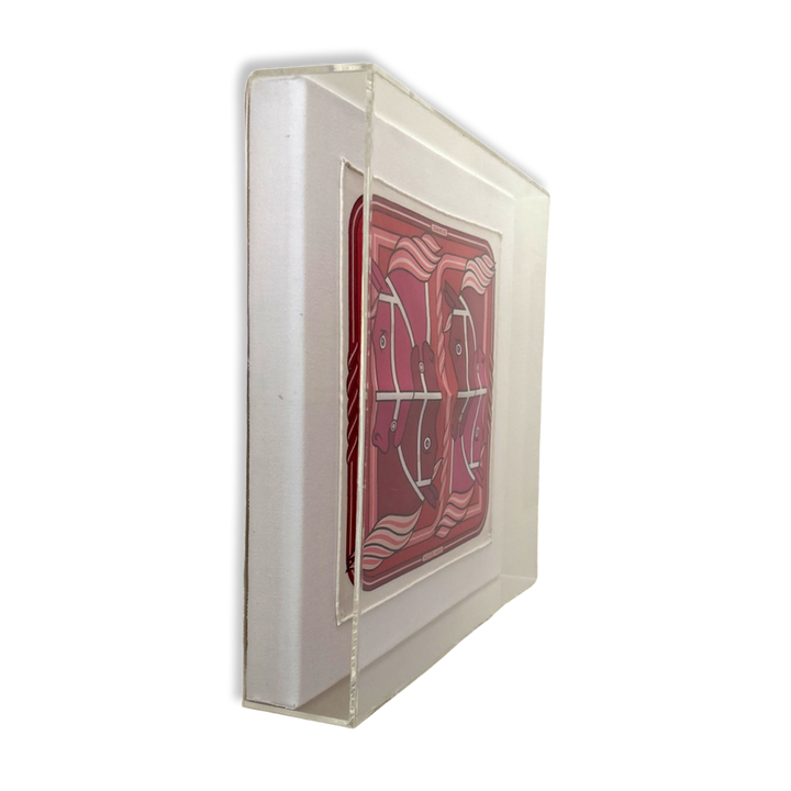 Quadrige II Red Acrylic Shadow Box Framed Vintage Silk Scarf 10"