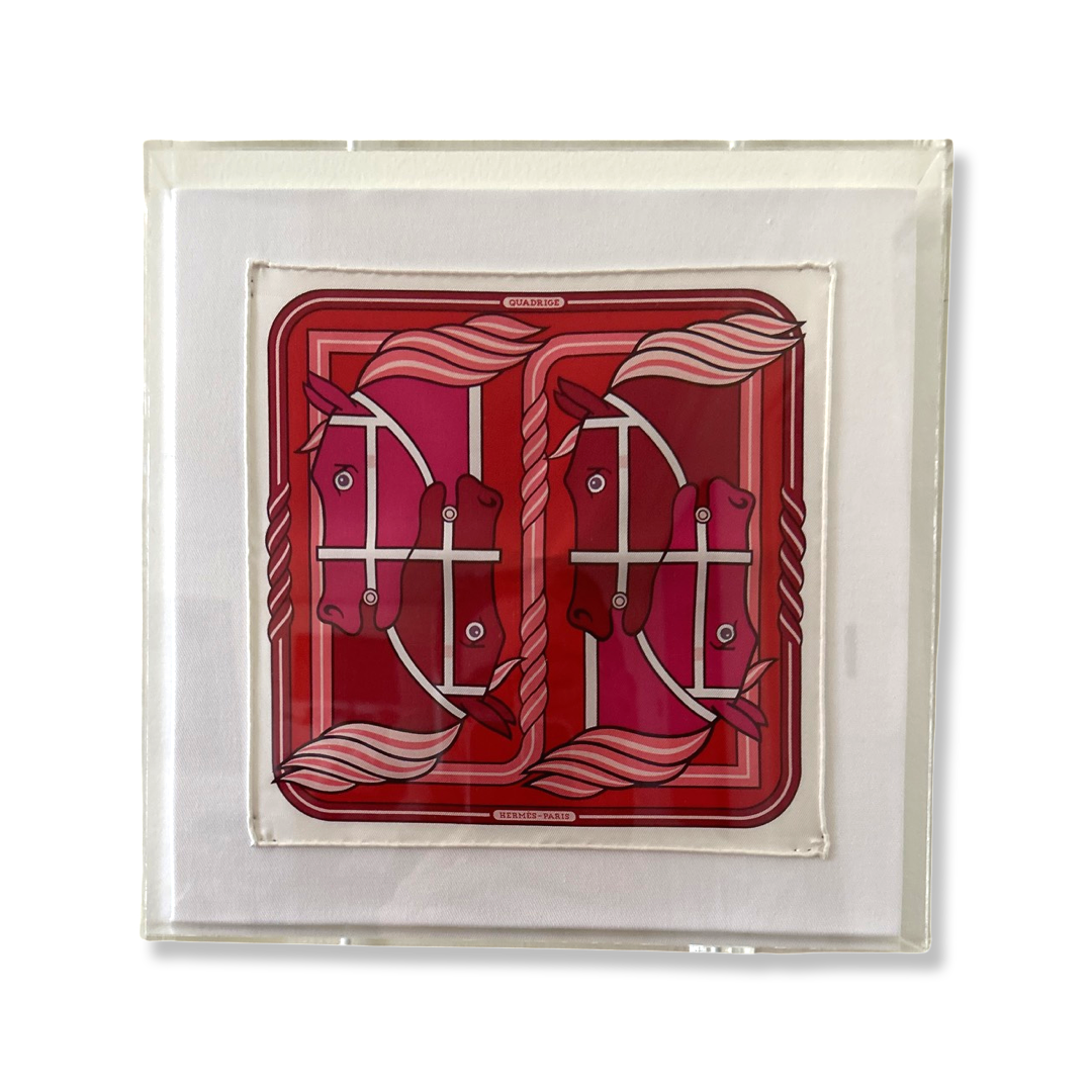 Framed Hermes Scarf Quadrige II Red Acrylic Shadow Box Framed Vintage Silk Scarf 10" Vintage Hermes at Vintage Luxe Up