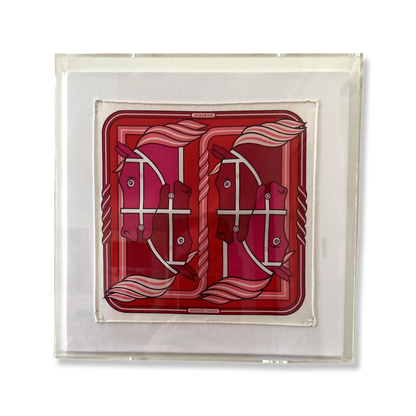 Framed Hermes Scarf Quadrige II Red Acrylic Shadow Box Framed Vintage Silk Scarf 10" Vintage Hermes at Vintage Luxe Up