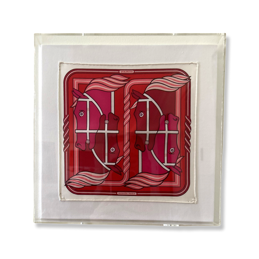 Framed Hermes Scarf Quadrige II Red Acrylic Shadow Box Framed Vintage Silk Scarf 10" Vintage Hermes at Vintage Luxe Up
