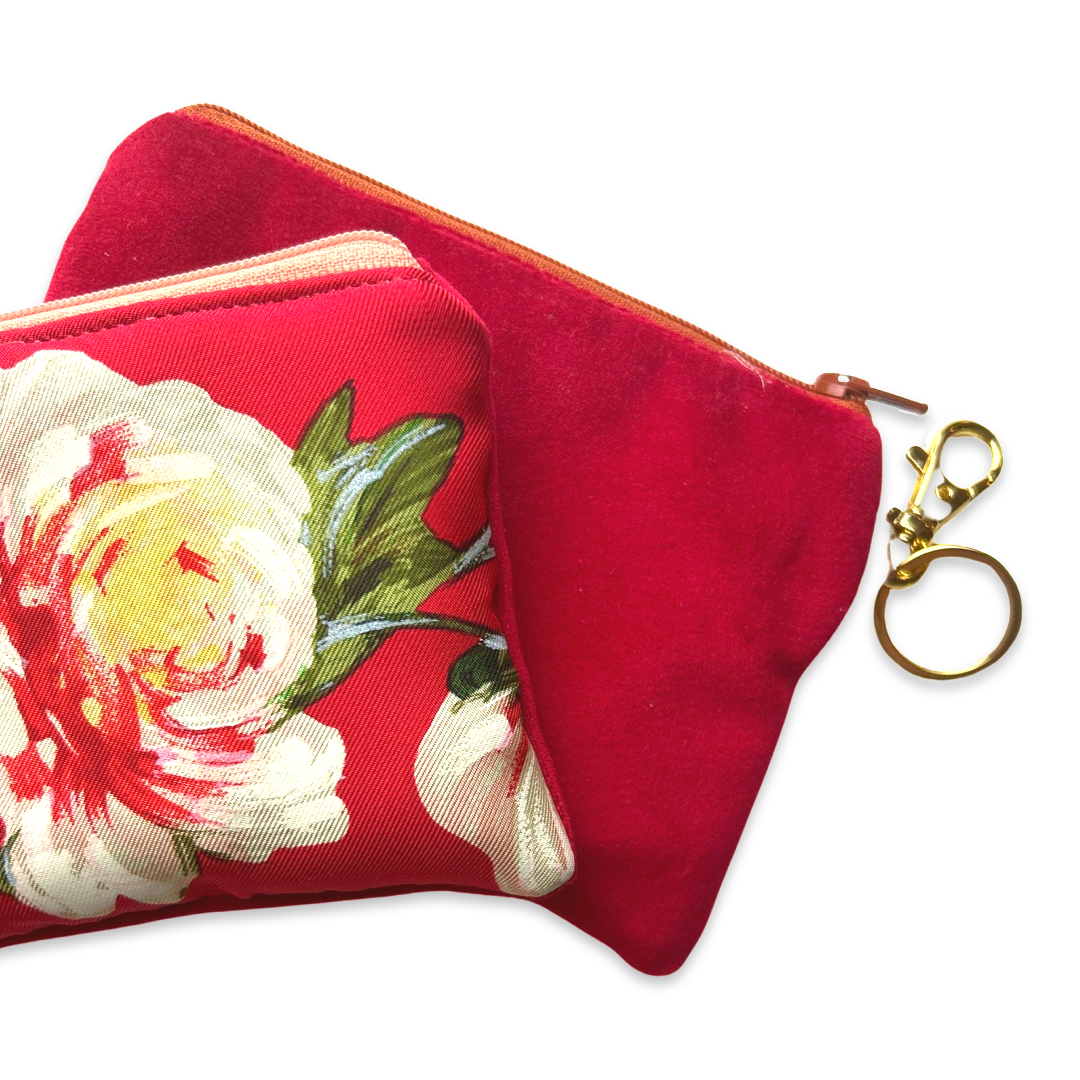 Red Floral Vintage Silk Scarf Coffee Run Keychain Bag