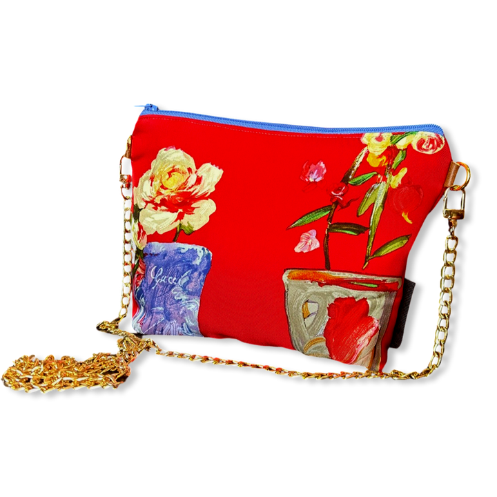 Red Floral Vintage Silk Scarf Crossbody Bag
