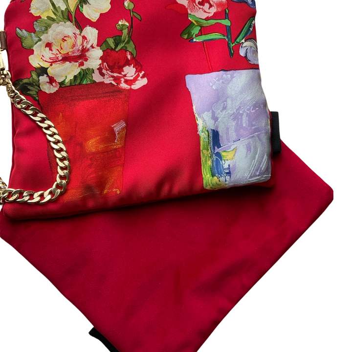 Red Floral Vintage Silk Scarf Grand Wristlet Bag