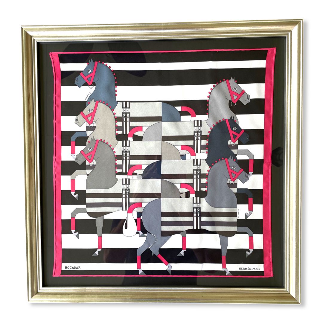 Framed Hermes Scarf Rocabar Noir Vintage Framed Silk Scarf 20" Vintage Hermes at Vintage Luxe Up