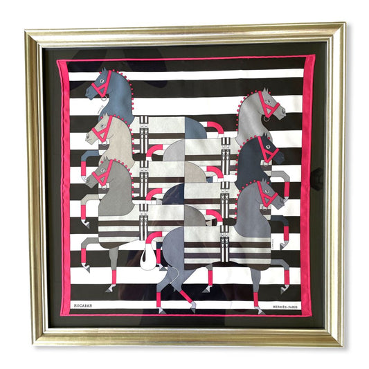 Framed Hermes Scarf Rocabar Noir Vintage Framed Silk Scarf 20" Vintage Hermes at Vintage Luxe Up