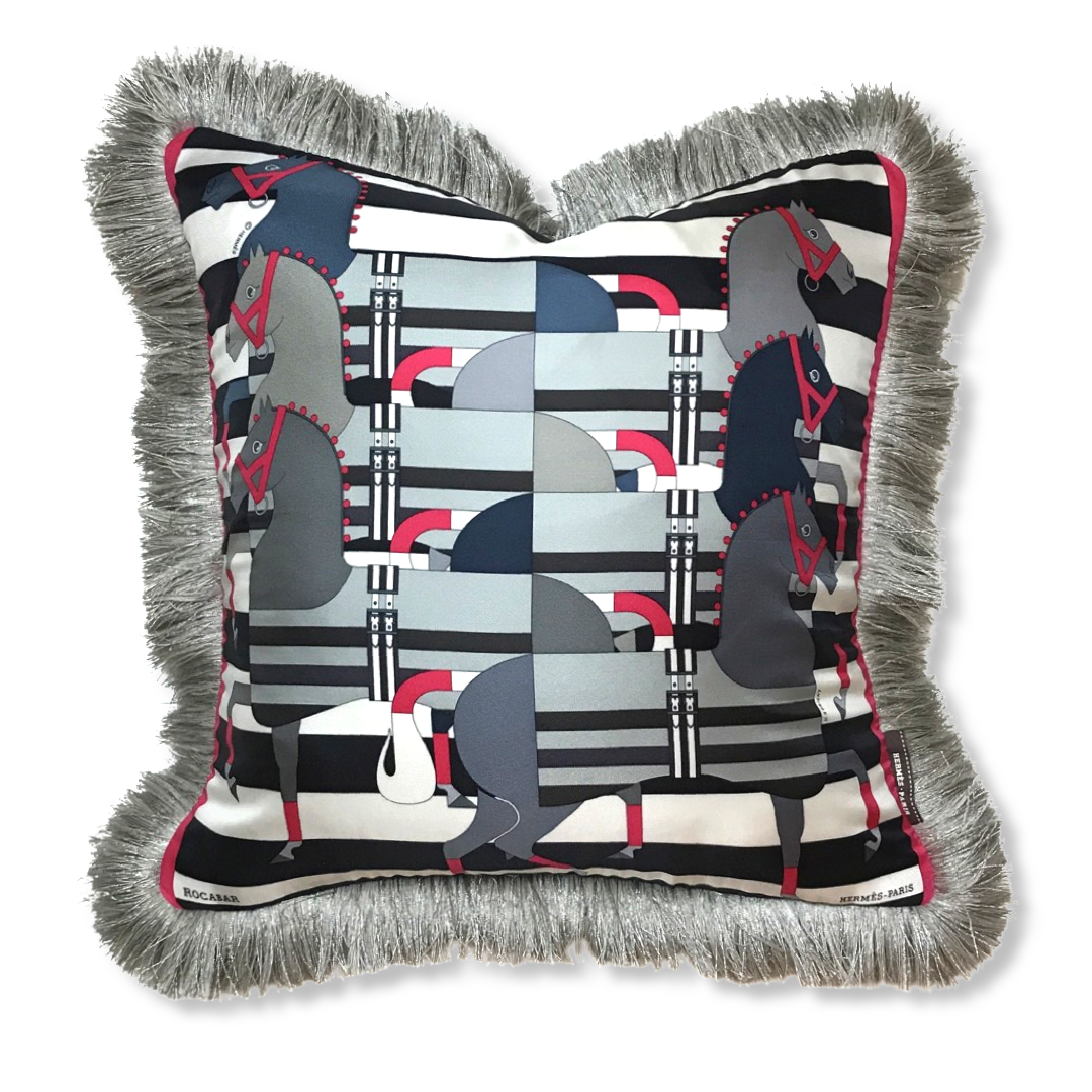 Vintage Hermes Pillow Rocabar Noir Vintage Silk Scarf Pillow 19" at Vintage Luxe Up