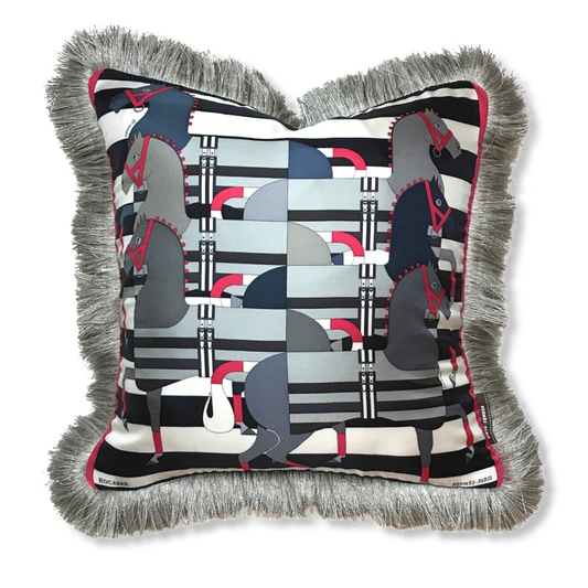Vintage Hermes Pillow Rocabar Noir Vintage Silk Scarf Pillow 19" at Vintage Luxe Up