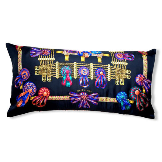 Vintage Hermes Pillow Rubans du Cheval Noir Vintage Silk Scarf Lumbar Pillow 35" at Vintage Luxe Up