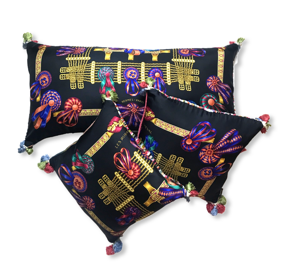 Vintage Hermes Pillow Rubans du Cheval Noir Vintage Silk Scarf Pillows at Vintage Luxe Up