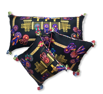 Vintage Hermes Pillow Rubans du Cheval Noir Vintage Silk Scarf Pillows at Vintage Luxe Up