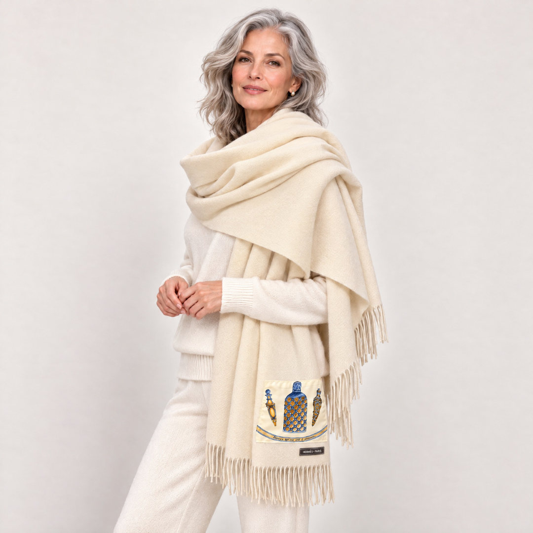 Hermes Qu'Importe le Flacon Scarf & Cashmere Shawl at Vintage Luxe Up