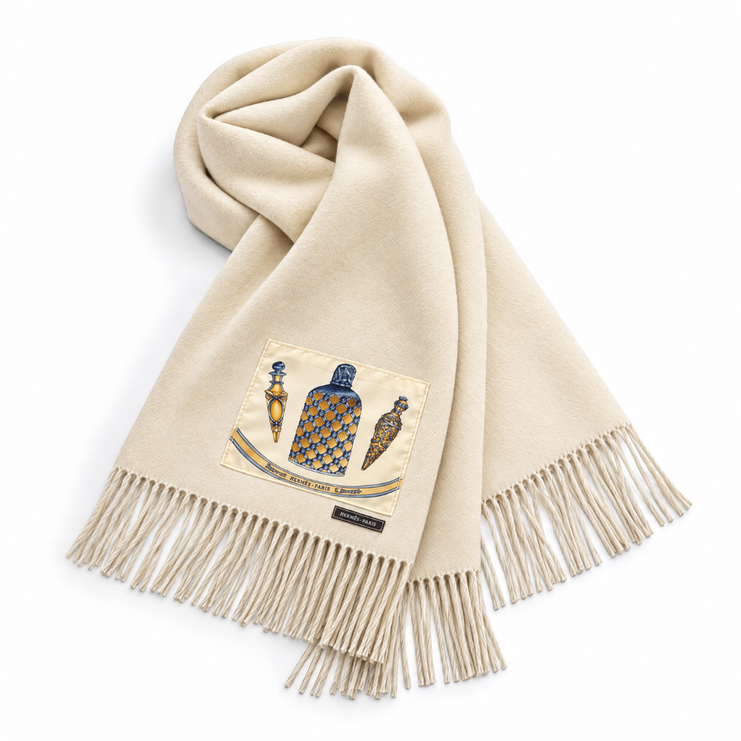 Hermes Qu'Importe le Flacon Scarf & Cashmere Shawl at Vintage Luxe Up