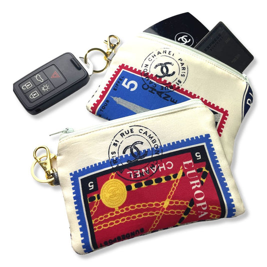 Vintage Chanel keychain bag Stamps of the World Vintage Silk Scarf Coffee Run Keychain Bag at Vintage Luxe Up