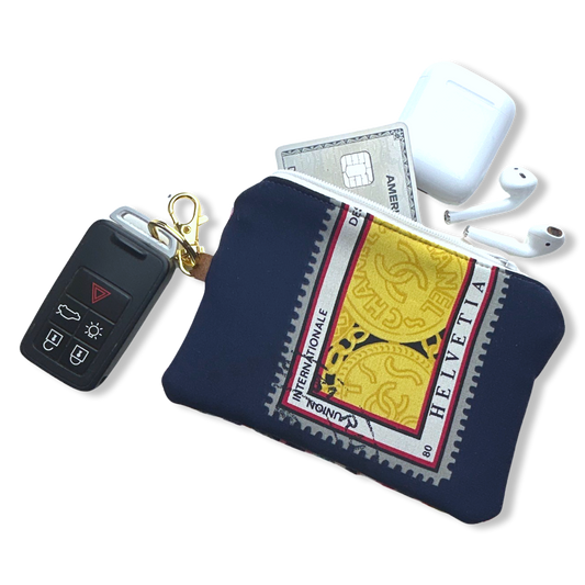 Vintage Chanel keychain bag Stamps of the World Vintage Silk Scarf Coffee Run Keychain Bag at Vintage Luxe Up