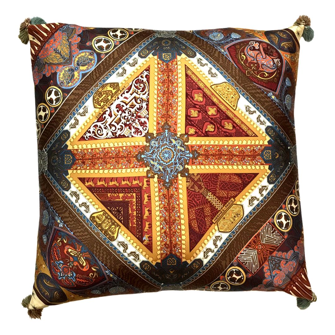Vintage Hermes Pillow Sur Un Tapis Volant Vintage Silk Scarf Pillow 24" at Vintage Luxe Up