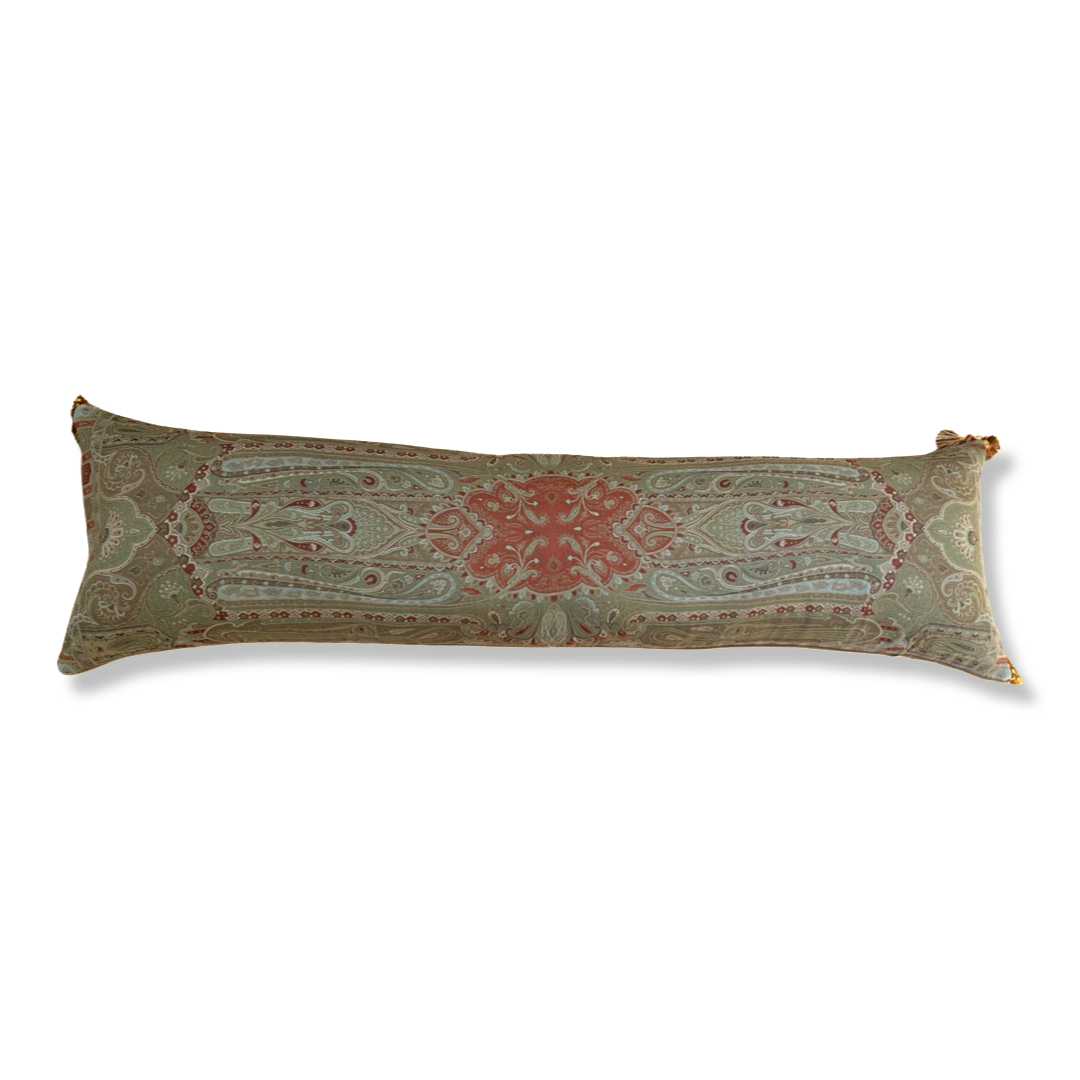 Tan Paisley Vintage Wool & Silk Scarf Lumbar Pillow 52”