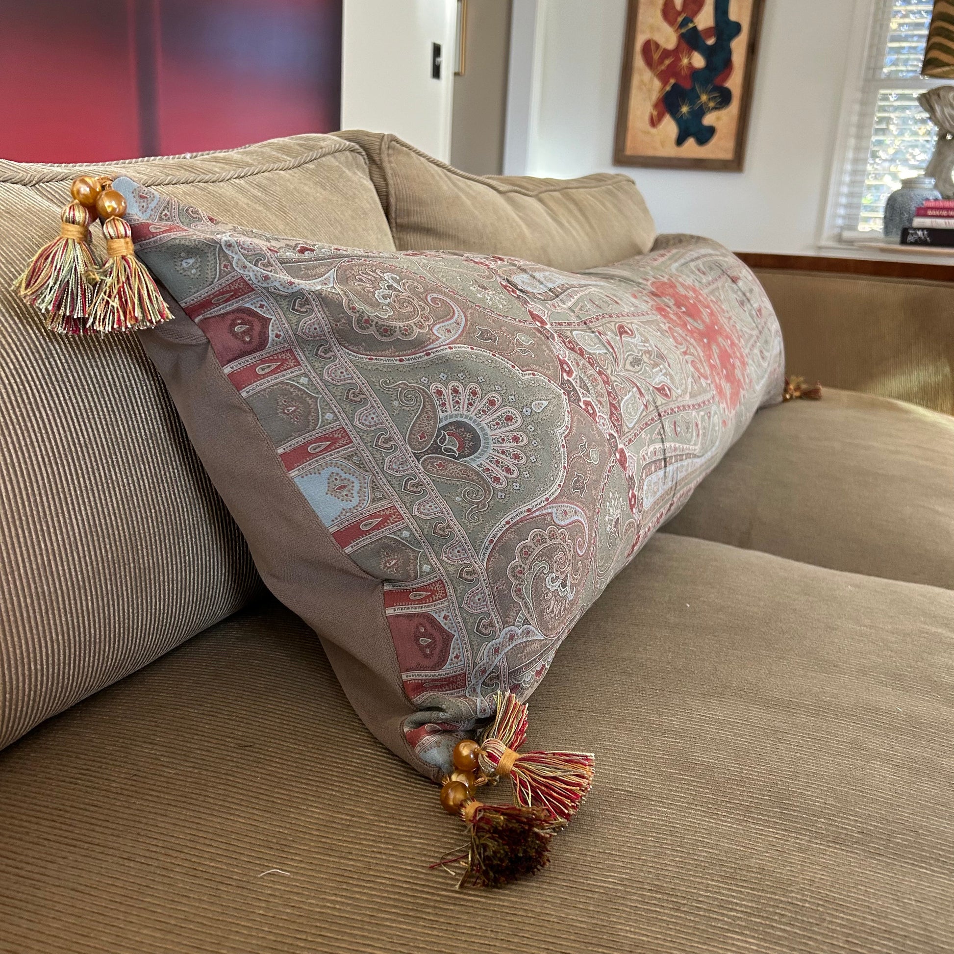 Tan Paisley Vintage Wool & Silk Scarf Lumbar Pillow 52”