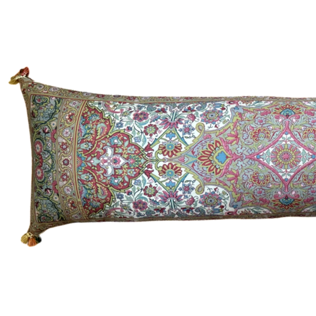 Tan Paisley Vintage Wool & Silk Scarf Lumbar Pillow 52”