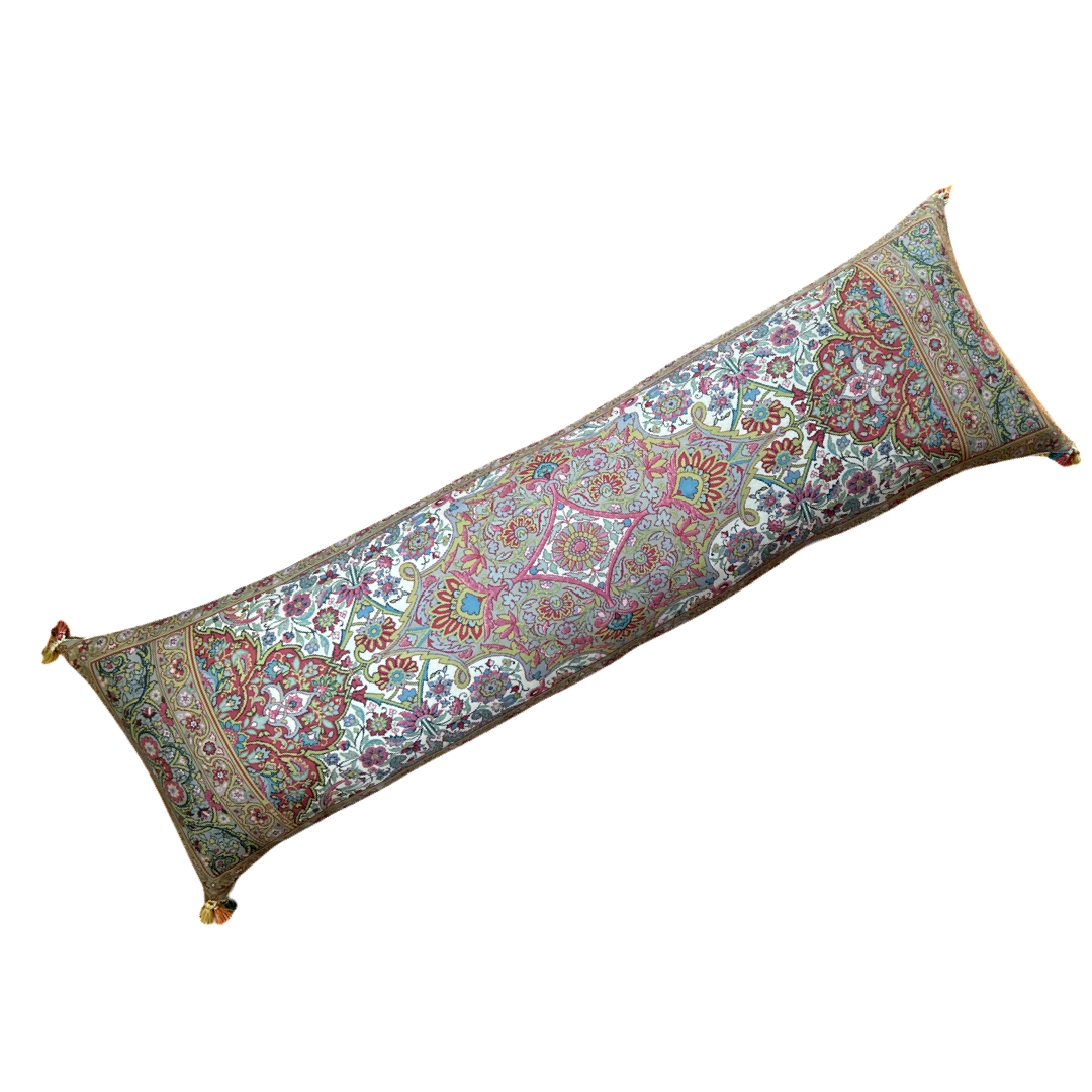 Tan Paisley Vintage Wool & Silk Scarf Lumbar Pillow 52”