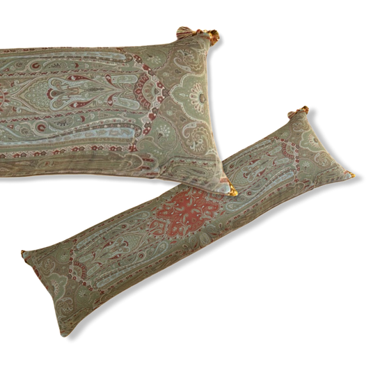 Vintage Etro Pillow Tan Paisley Vintage Wool & Silk Scarf Lumbar Pillow 52” at Vintage Luxe Up