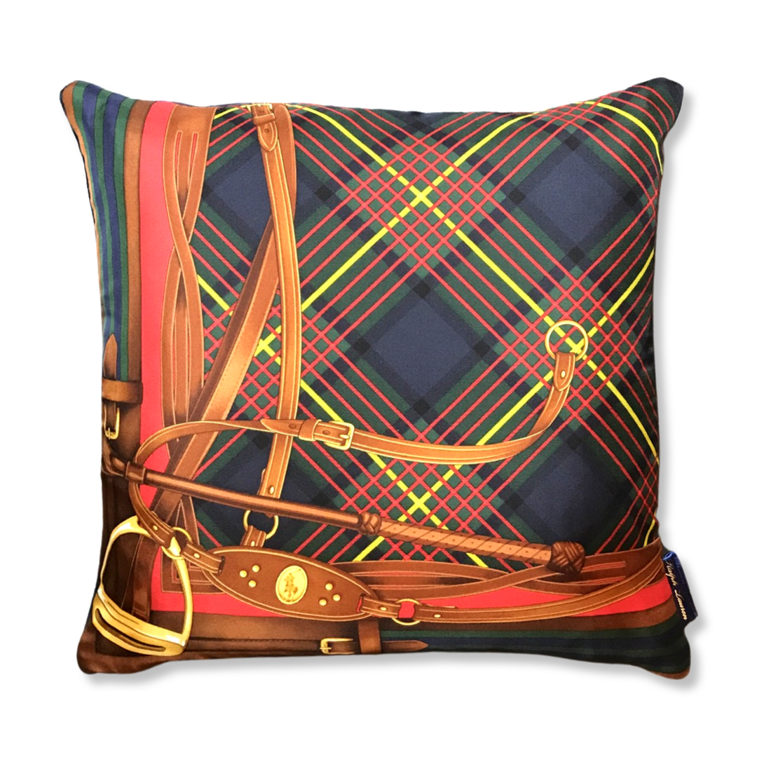 Tartan Equestrian Vintage Silk Scarf Pillows 17"