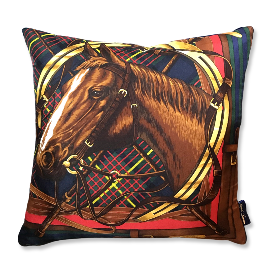 Tartan Equestrian Vintage Silk Scarf Pillows 17"