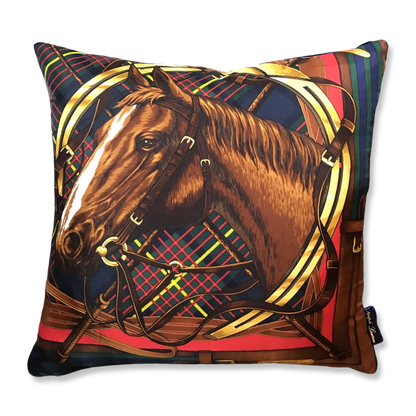 Tartan Equestrian Vintage Silk Scarf Pillows 17"