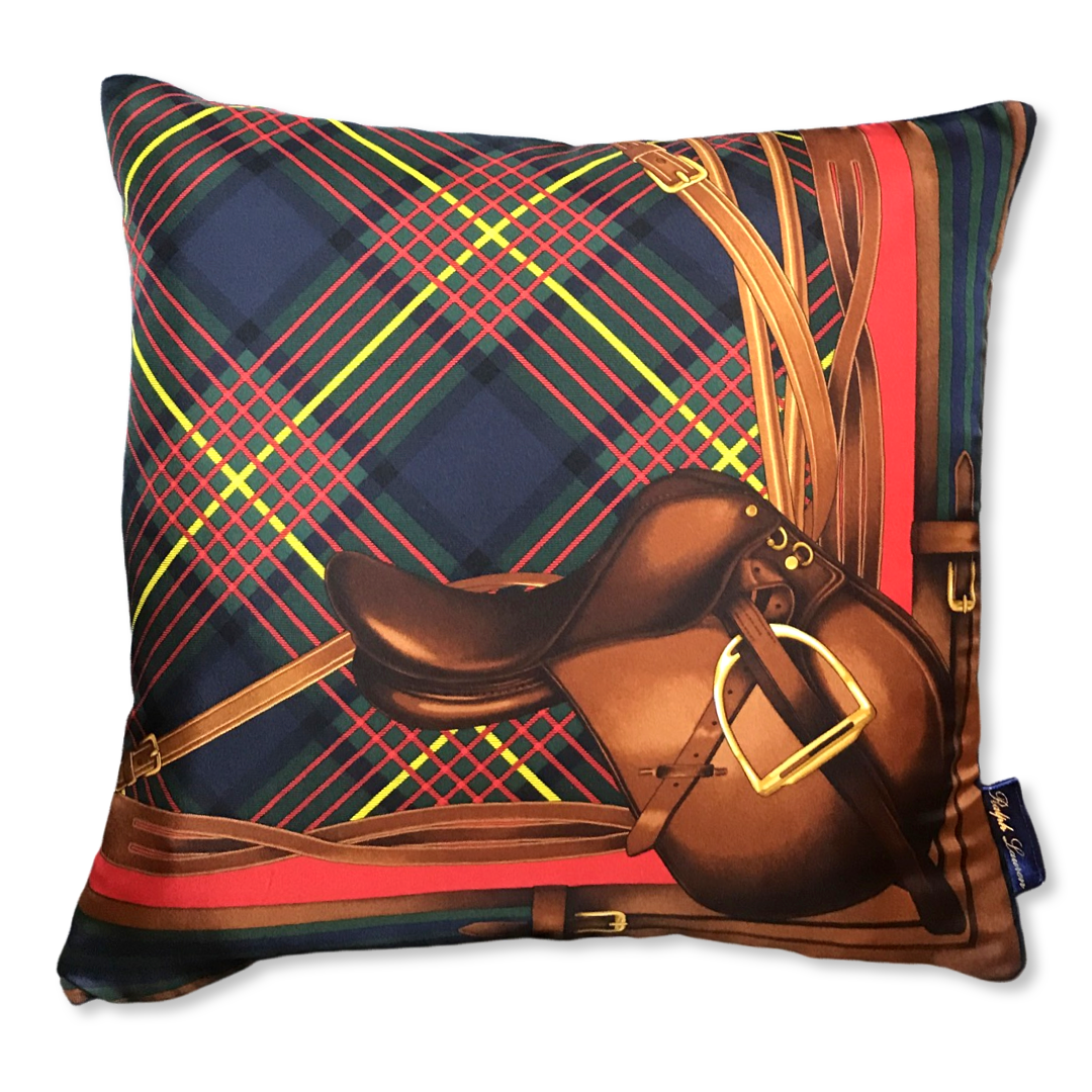 Tartan Equestrian Vintage Silk Scarf Pillows 17"