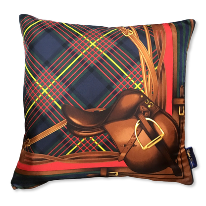 Tartan Equestrian Vintage Silk Scarf Pillows 17"