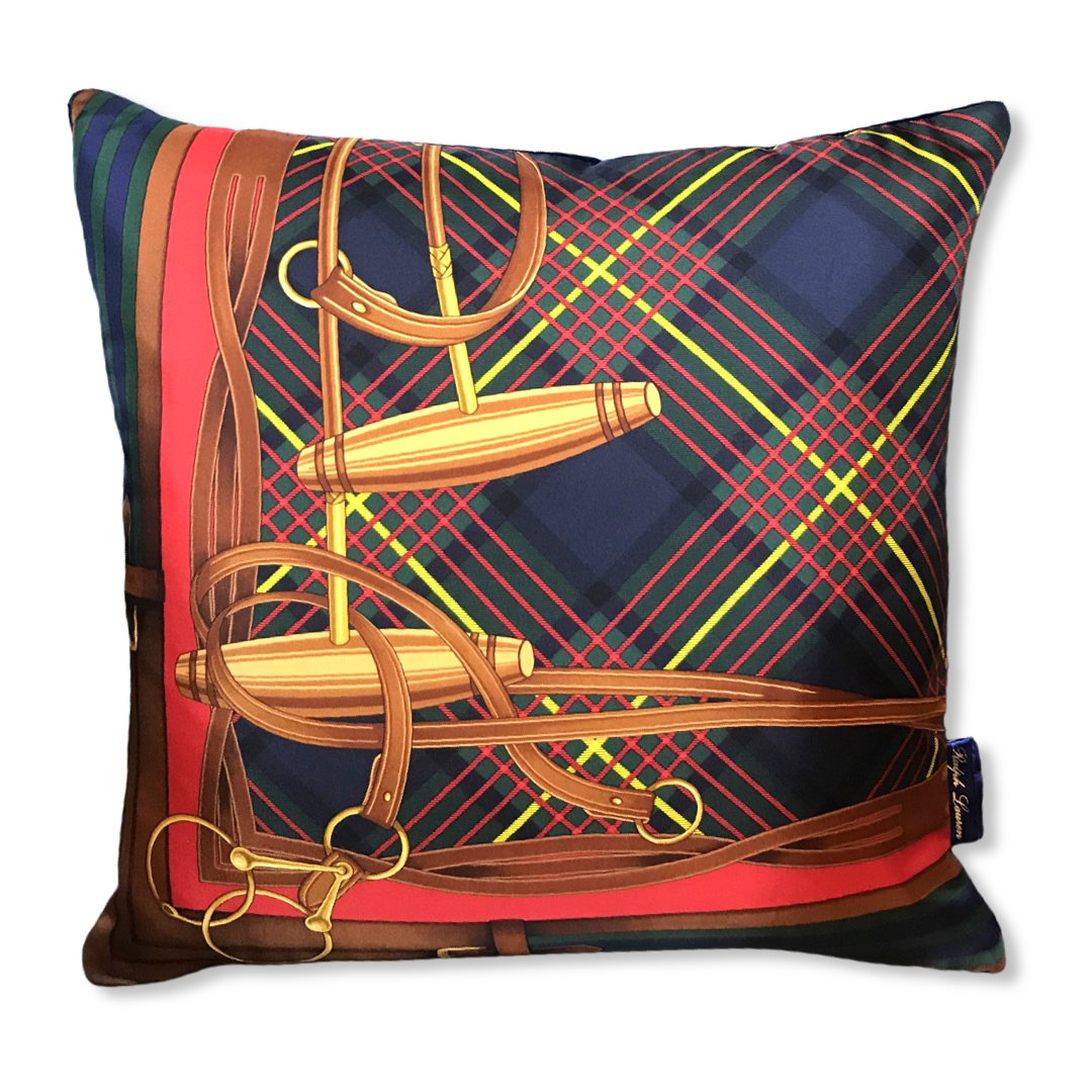 Tartan Equestrian Vintage Silk Scarf Pillows 17"