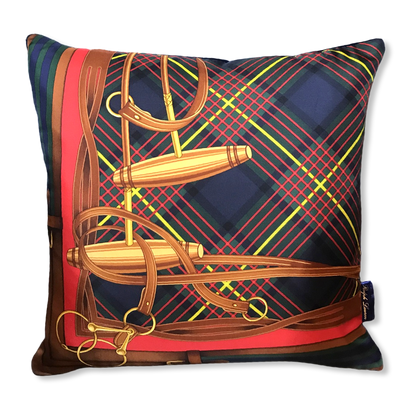 Tartan Equestrian Vintage Silk Scarf Pillows 17"