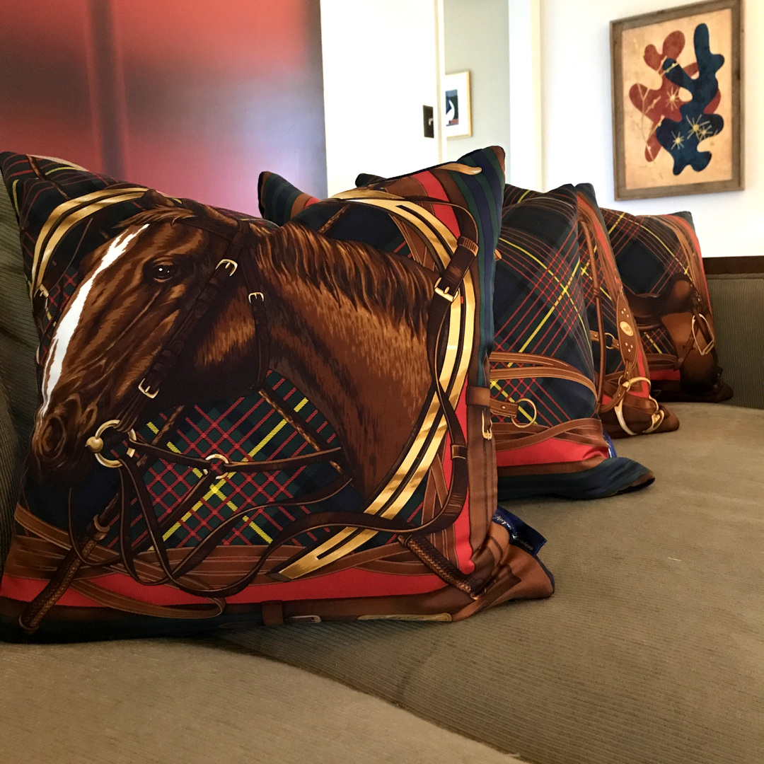 Tartan Equestrian Vintage Silk Scarf Pillows 18"