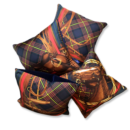 Vintage Ralph Lauren Pillow Tartan Equestrian Vintage Silk Scarf Pillows 18" at Vintage Luxe Up