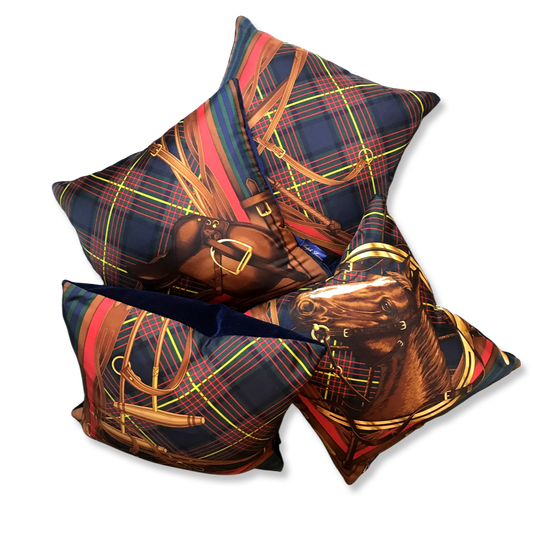 Vintage Ralph Lauren Pillow Tartan Equestrian Vintage Silk Scarf Pillows 18" at Vintage Luxe Up