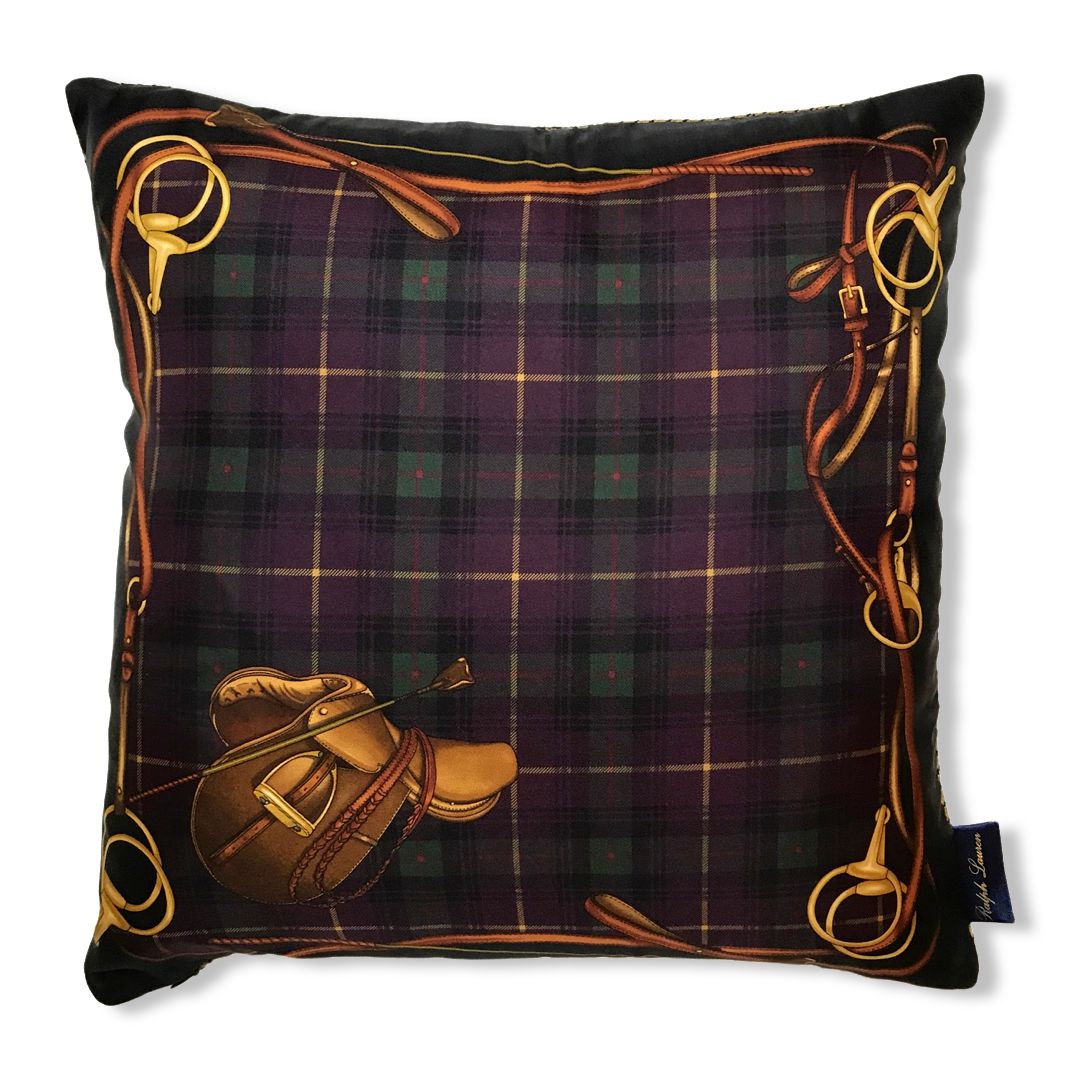 Vintage Ralph Lauren Pillow Tartan Saddle Vintage Silk Scarf Pillow 17" at Vintage Luxe Up