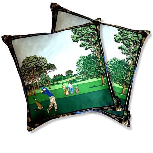 Vintage Gucci Pillow Tee Time Golfer Vintage Silk Scarf Pillows 22" at Vintage Luxe Up