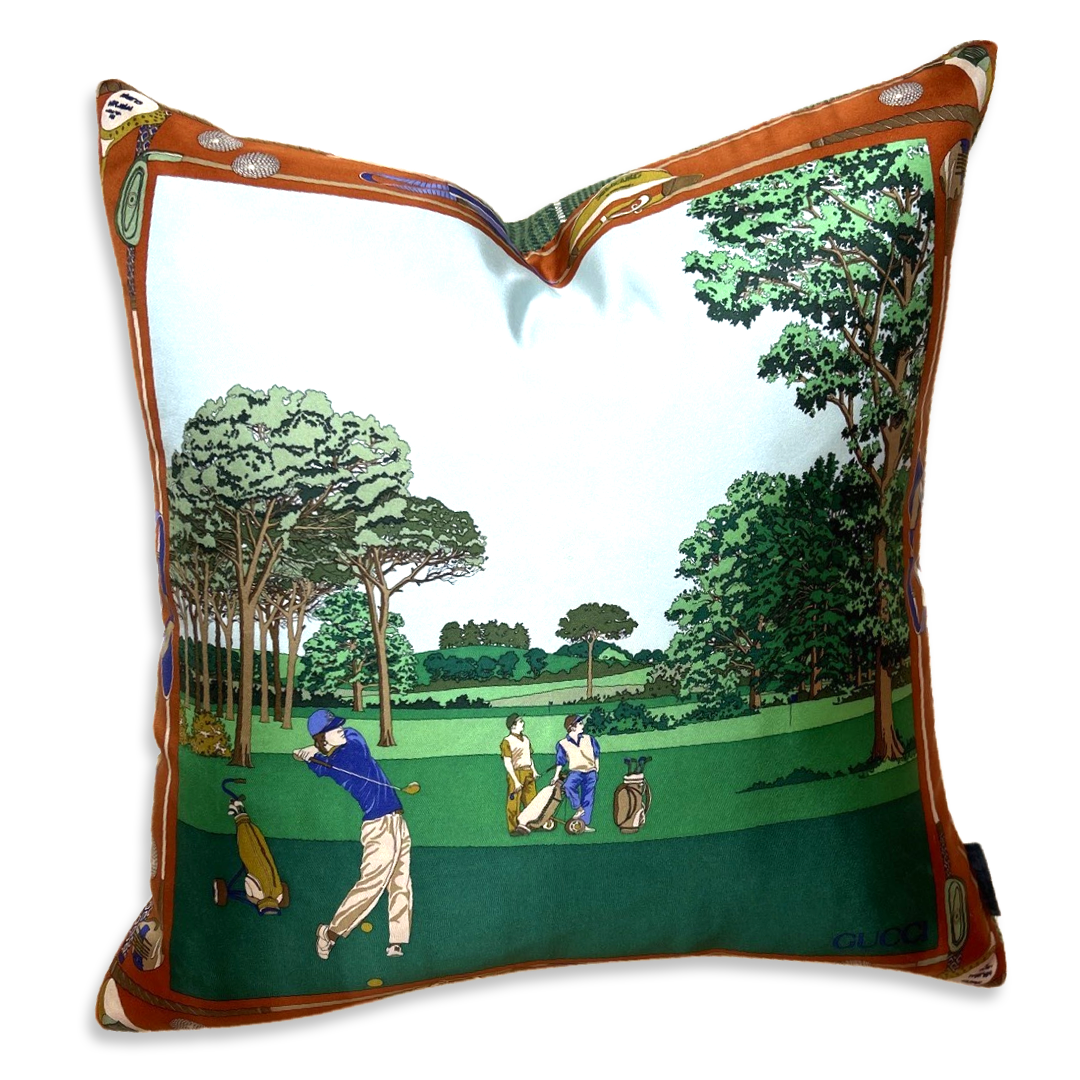 Vintage Gucci Pillow Tee Time II Golfer Vintage Silk Scarf Pillows 22" at Vintage Luxe Up