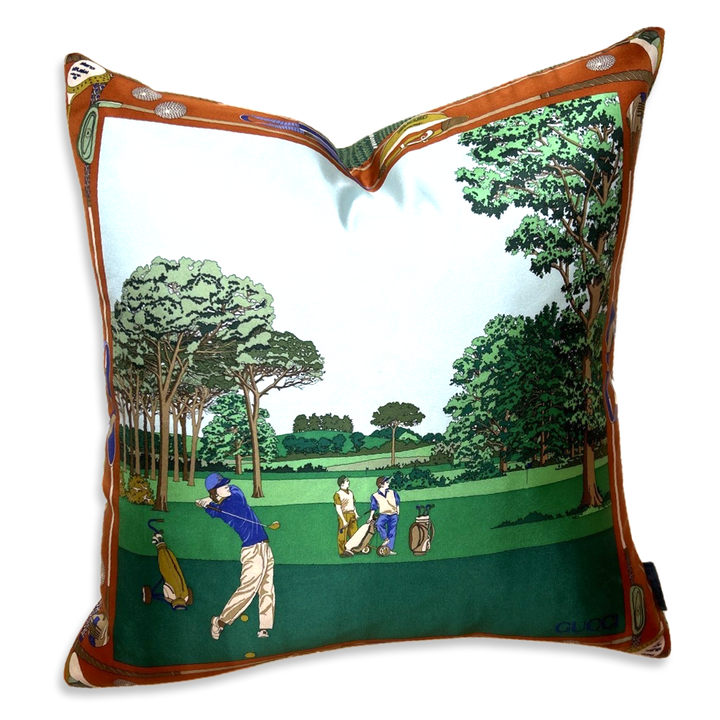 Vintage Gucci Pillow Tee Time II Golfer Vintage Silk Scarf Pillows 22" at Vintage Luxe Up