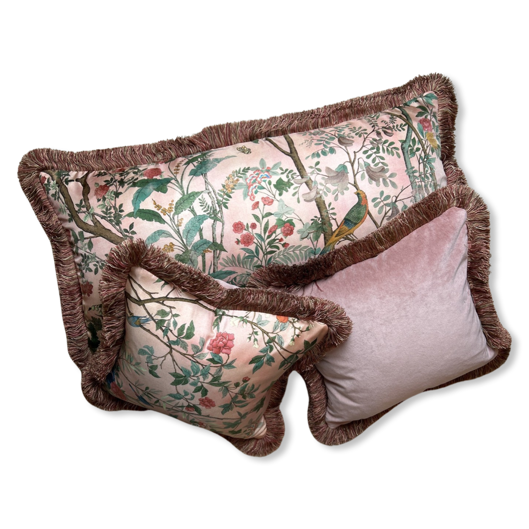 Tian Chinoiserie Pink Vintage Silk Scarf Pillows
