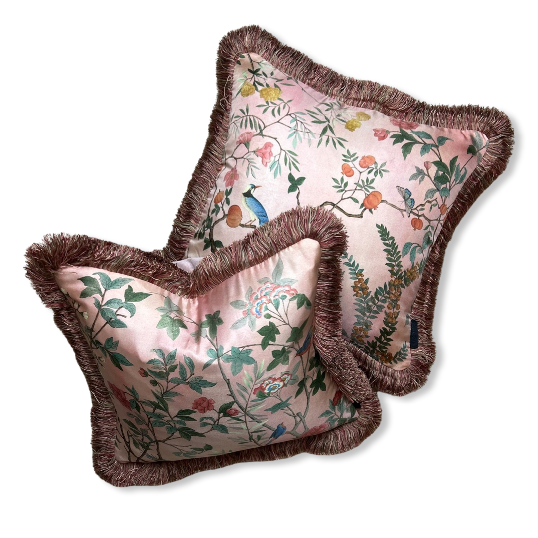Tian Chinoiserie Pink Vintage Silk Scarf Pillows