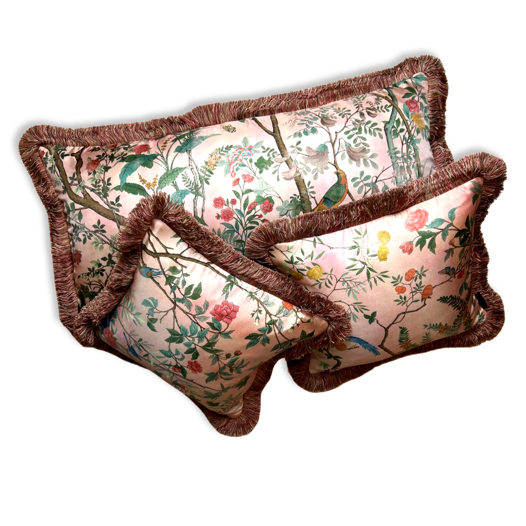 Vintage Gucci Pillow Tree of Life Tian Chinoiserie Pink Vintage Silk Scarf Pillows at Vintage Luxe Up