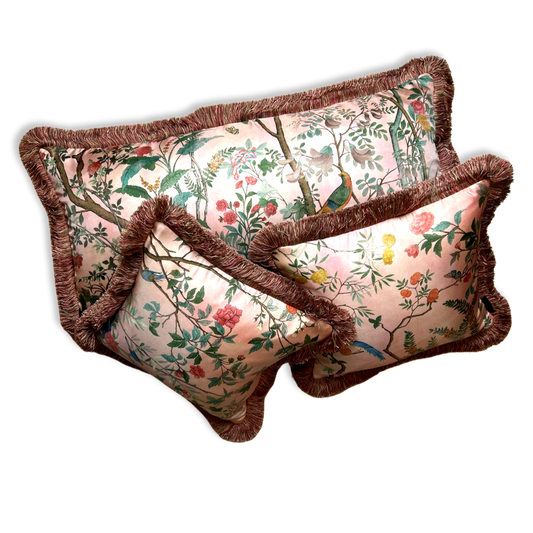 Vintage Gucci Pillow Tree of Life Tian Chinoiserie Pink Vintage Silk Scarf Pillows at Vintage Luxe Up