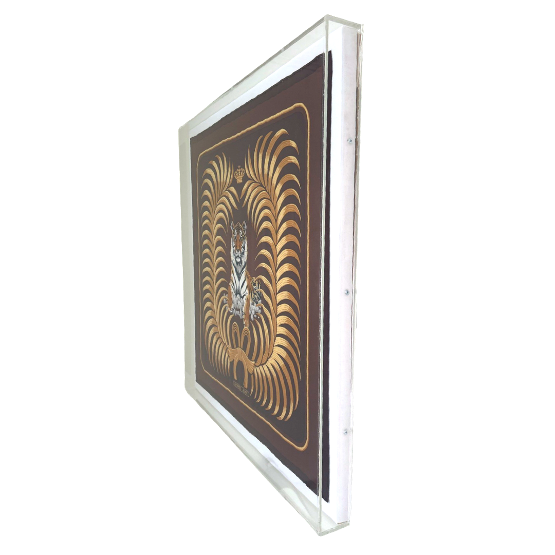 Tigre Royal Acrylic Shadow Box Framed Vintage Silk Scarf 28"