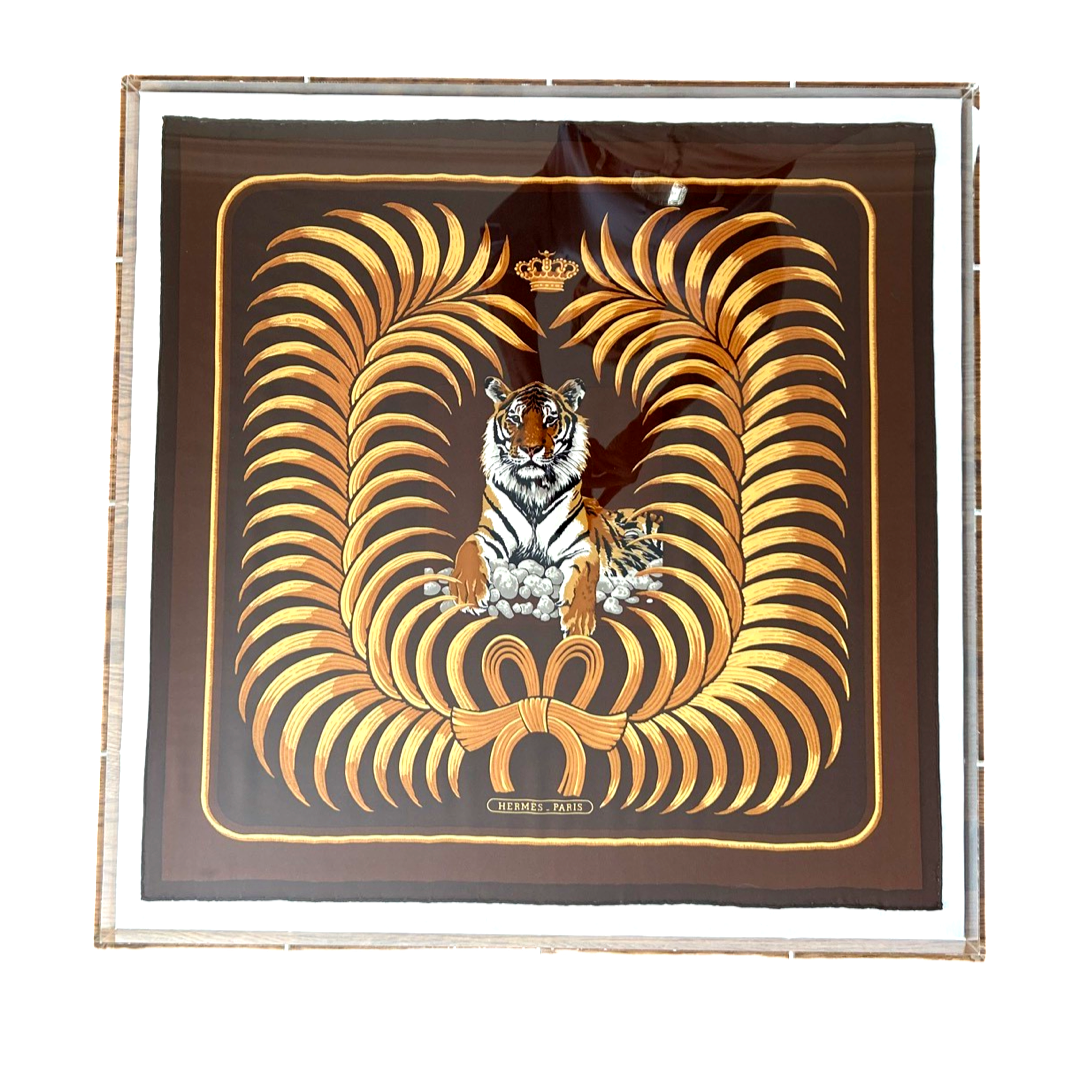 Framed Hermes Scarf Tigre Royal Acrylic Shadow Box Framed Vintage Silk Scarf 28" Vintage Hermes at Vintage Luxe Up