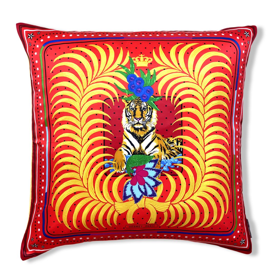Vintage Hermes Pillow Tigre Royal Fleuri Vintage Silk Scarf Pillow 28" at Vintage Luxe Up