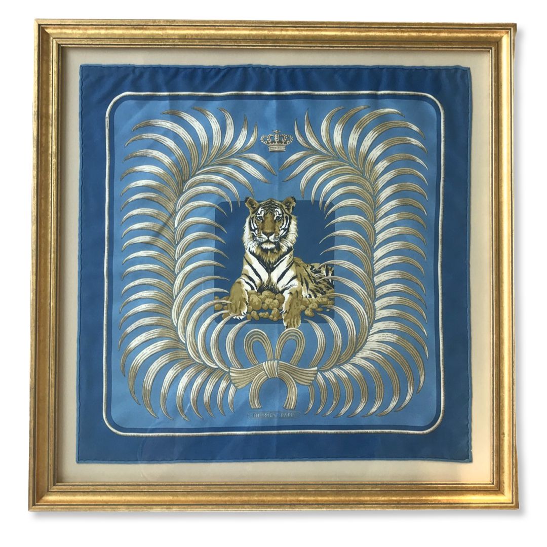 Framed Hermes Scarf Tigre Royal Framed Vintage Silk Scarf 20" Vintage Hermes at Vintage Luxe Up