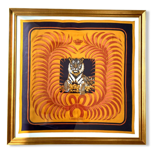 Framed Hermes Scarf Tigre Royal Framed Vintage Silk Scarf 32" Vintage Hermes at Vintage Luxe Up