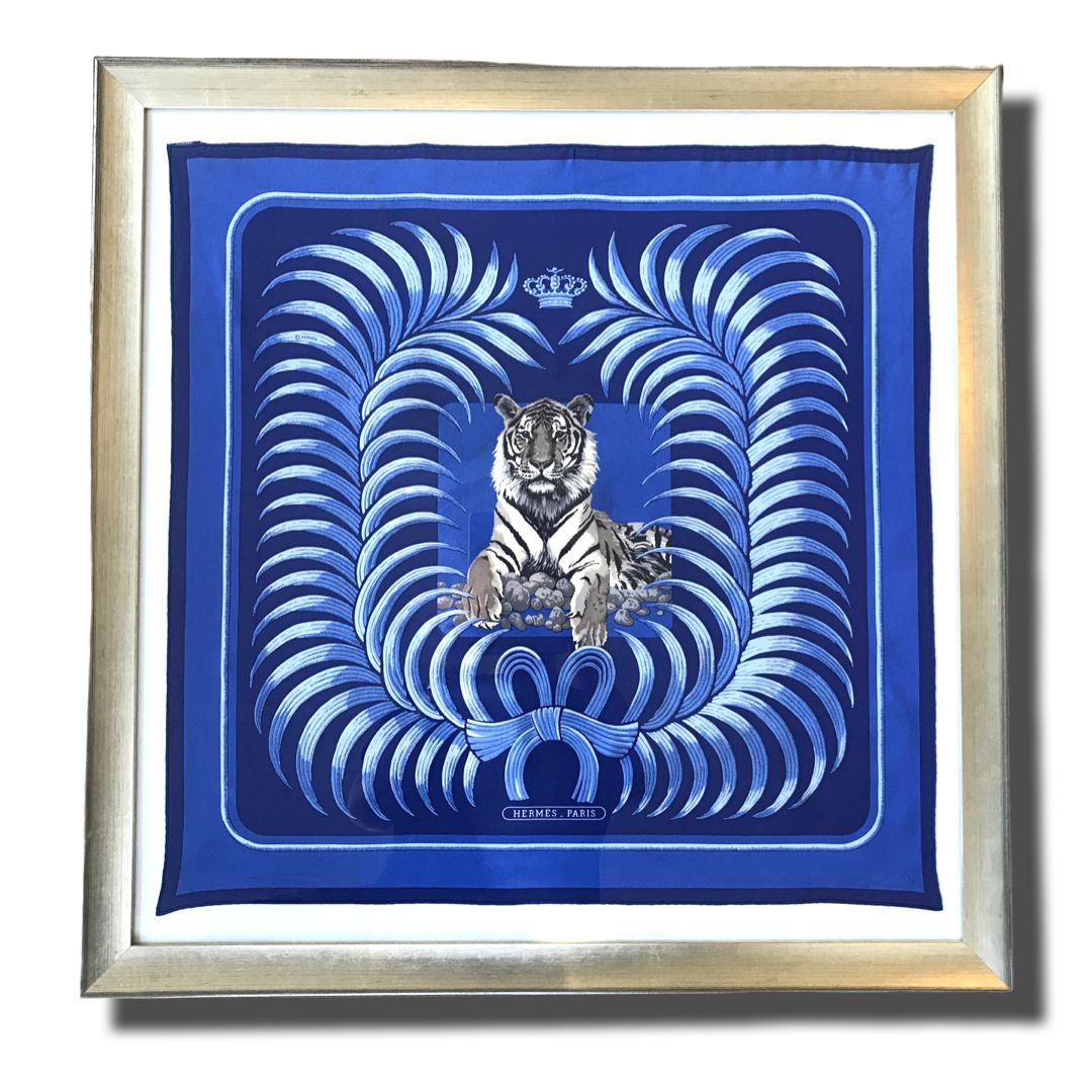 Framed Hermes Scarf Tigre Royal Framed Vintage Silk Scarf 32" Vintage Hermes at Vintage Luxe Up